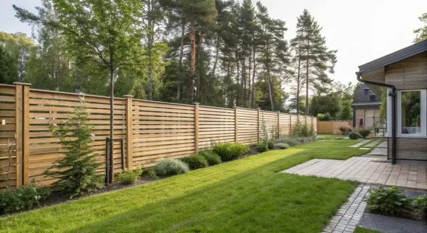 En vacker trädgård med en modern träribbstaket som ramar in gräsmattan och buskar.
