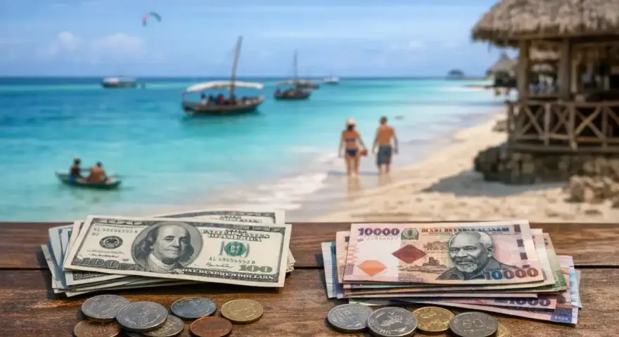 Dolar i szylingi tanzańskie na stole, w tle rajska plaża z łodziami i parą spacerującą po wodzie. Waluta na Zanzibarze.