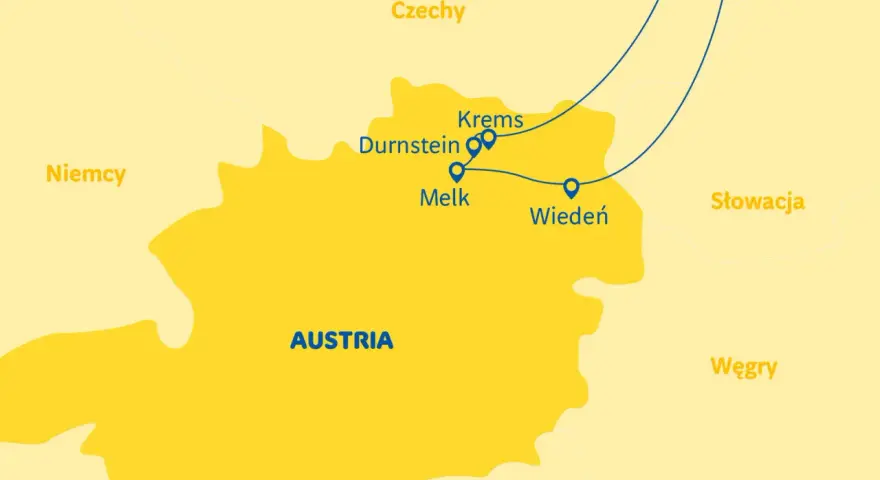 Mapa Austrii z zaznaczonymi miastami: Wiedeń, Melk, Durnstein, Krems. Planujesz podróż? Sprawdź, co zobaczyć w Dolinie Wachau!