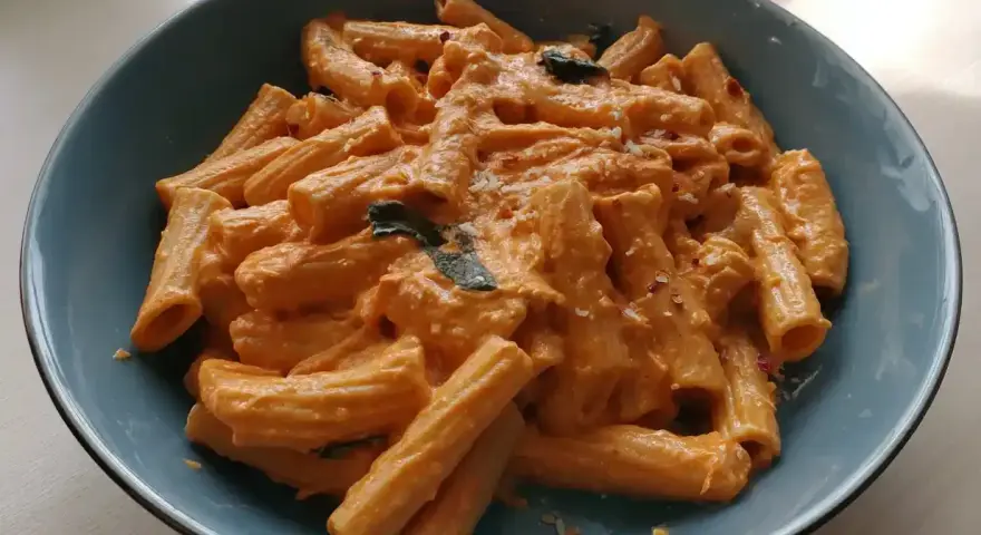 En skål med krämig vodka pasta, toppad med chili flakes och färska örter. Enkel men lyxig middag.