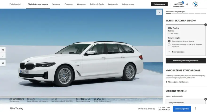 Białe BMW 530e Touring, hybryda, z automatyczną skrzynią biegów, gotowe do odbioru.