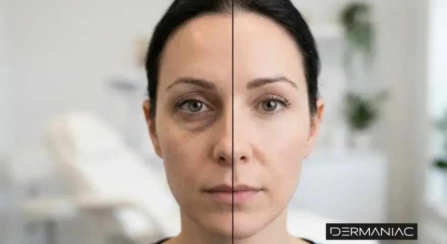 Comparativa antes y después de un relleno de ojeras. La imagen muestra el lado izquierdo con ojeras marcadas y el derecho con la piel visiblemente más lisa y luminosa.