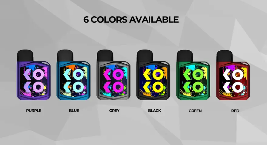 Seis colores vibrantes de Caliburn Koko, cada uno con un diseño de salpicaduras de pintura y el logo KOKO.