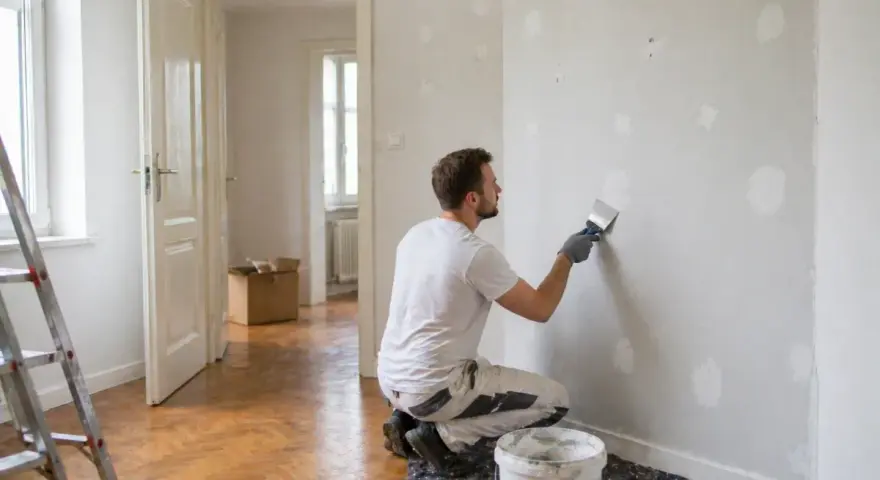 Mann spachtelt Wandlöcher, um den Mietvertrag bei Auszug zu erfüllen. Leiter und Farbeimer stehen bereit.