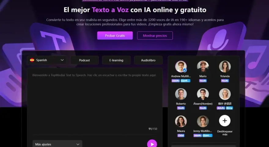Interfaz de texto a voz con opciones de idioma y género. Elige tu narrador ideal entre varias voces disponibles.