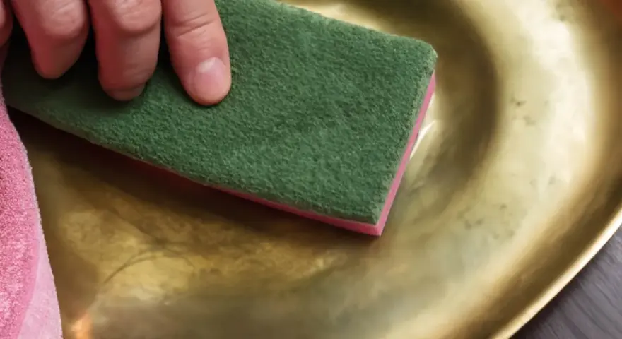 Mano che pulisce un piatto d'ottone con una spugna verde. Scopri come pulire l'ottone fai da te per farlo brillare.