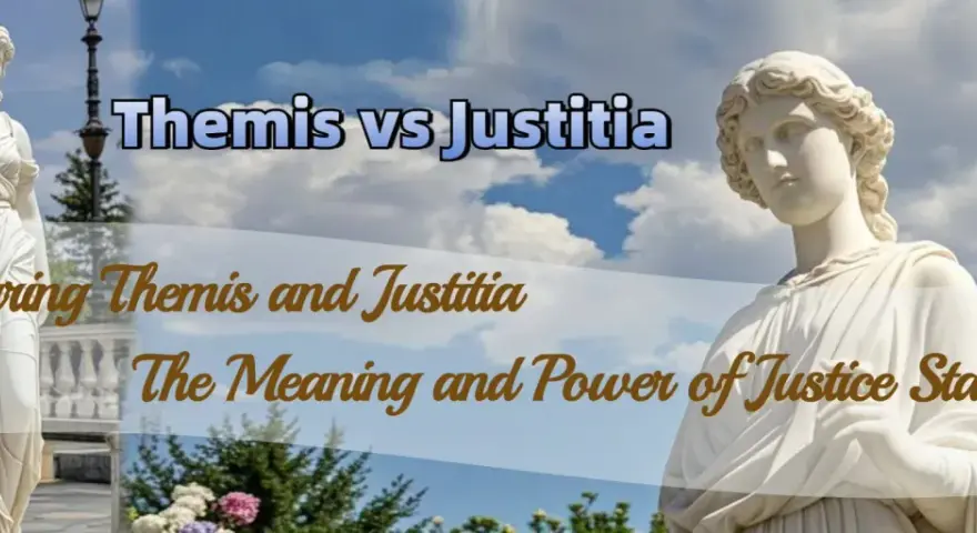 Dwie rzeźby bogini sprawiedliwości, Themis i Justitii, porównane na tle nieba.