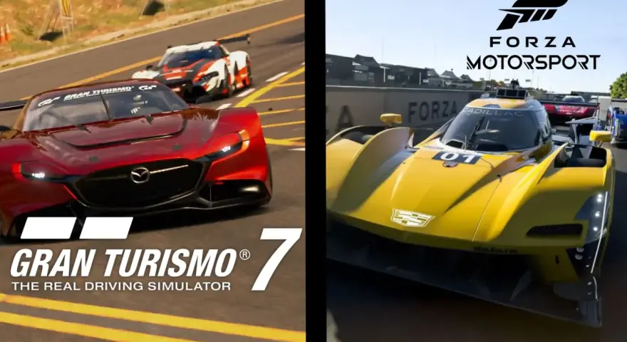 Porównanie Gran Turismo 7 i Forza Motorsport na Xbox Series X. Czerwony samochód sportowy i żółty bolid wyścigowy.