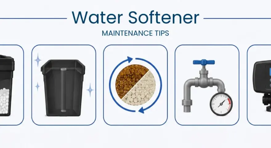 Water softener maintenance tips: salt tank, clean tank, resin beads, valve with gauge, and control panel.