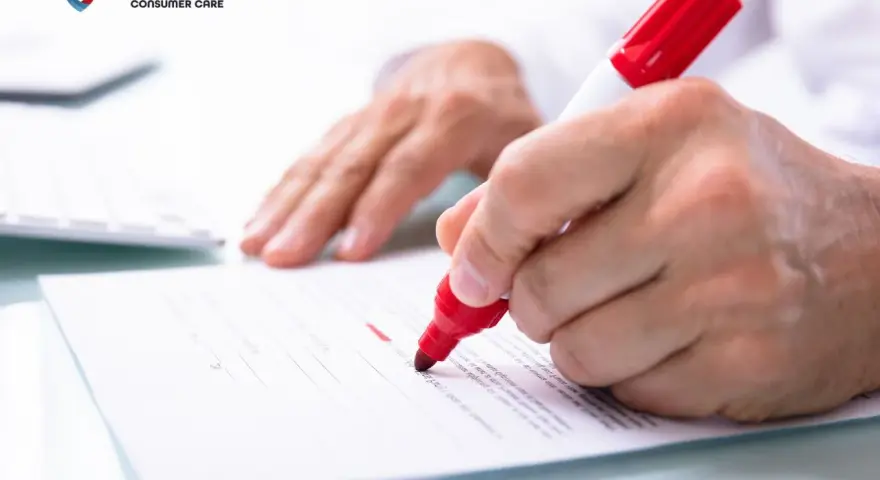Ręka zaznacza czerwonym markerem potencjalne błędy w umowach kredytowych. VOTUM Consumer Care pomaga w analizie dokumentów.