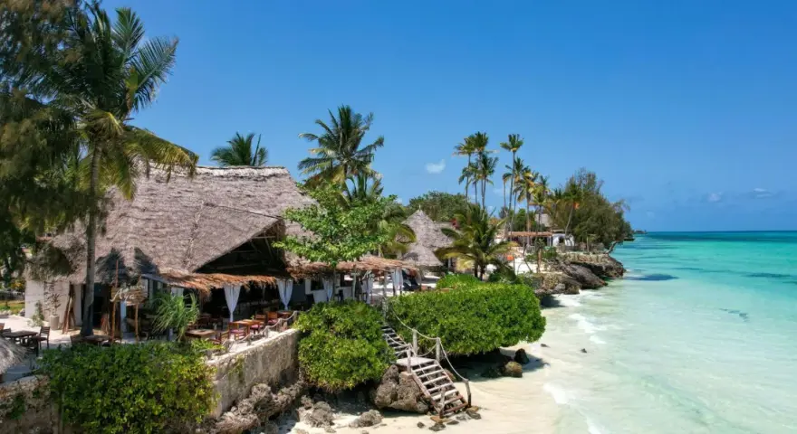Zanzibar w marcu: słoneczna pogoda, palmy, plaża i urokliwe bungalowy z krytymi strzechą dachami. Idealne miejsce na relaks.
