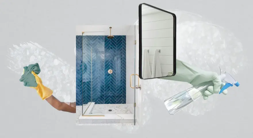 Hands in gloves spray and wipe a shower, demonstrating how to clean shower glass for a sparkling finish.