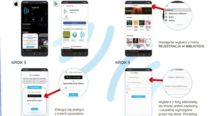 Krok 4: wybierz "Rejestracja w bibliotece" z menu, aby dodać swoje dane i uzyskać dostęp do audiobooków.