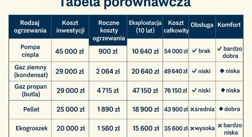 Tabela porównawcza: jakie ogrzewanie do domu? Koszty inwestycji, roczne, eksploatacji i całkowite dla pompy ciepła, gazu, pelletu i ekogroszku.