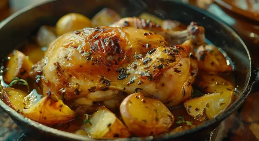 Un plat appétissant de cuisse de poulet Cookeo, doré et savoureux, entouré de pommes de terre rôties et d'herbes aromatiques.