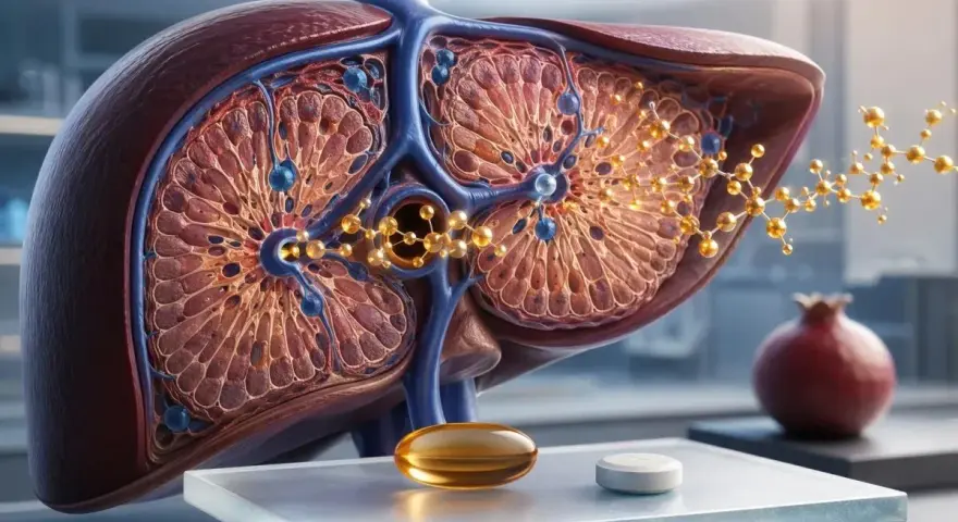 Detaljerad bild av en lever med molekylära strukturer. En kapsel och en tablett syns framför, vilket kan associeras med vitamin B6 biverkningar.