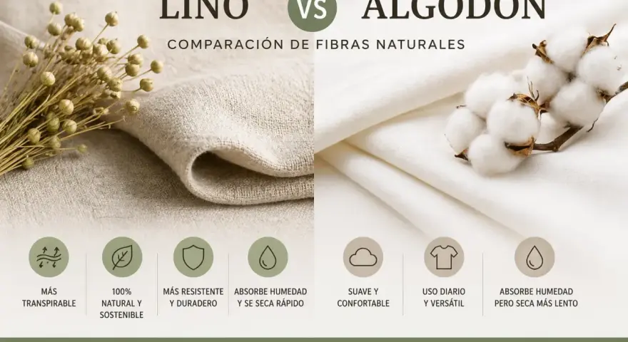 Comparación de lino y algodón. El lino, con sus semillas, es más transpirable y duradero. El algodón, con sus borlas, es suave y versátil.