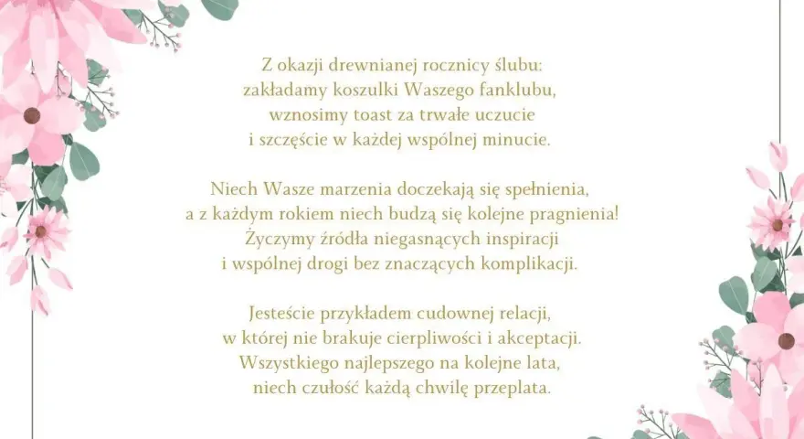 Złote myśli na rocznicę ślubu: życzenia spełnienia marzeń, inspiracji i szczęścia. Różowe kwiaty otaczają tekst.