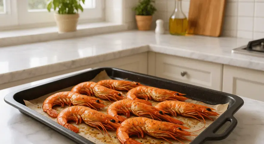 Gambones al horno listos para servir, con un toque de especias y aceite de oliva, sobre una bandeja en una cocina luminosa.