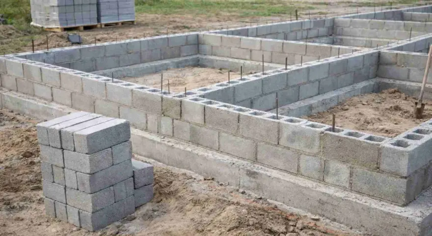 Budowa fundamentów z pustaków betonowych. Widać ułożone bloczki i zbrojenie. Jaki beton na fundament? Ten wygląda solidnie.