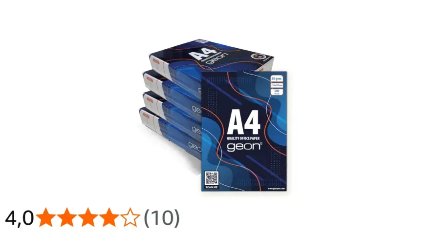 Paquetes de papel A4 Geon. Cada folio pesa 80 gramos, ideal para tu oficina.