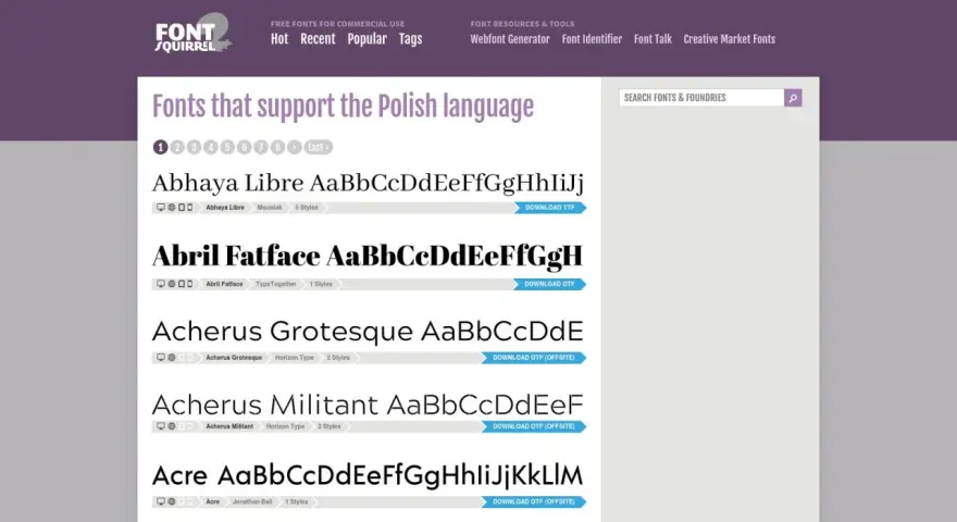 Strona Font Squirrel prezentuje czcionki z polskimi znakami, takie jak Abhaya Libre, Abril Fatface i Acherus.