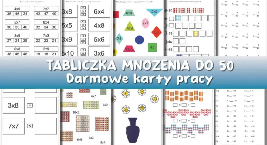 Karty pracy z tabliczką mnożenia do 40, zawierające przykłady i ćwiczenia z mnożenia.