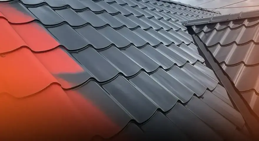 Nowy, czarny dach z metalowej blachy. Część dachu jest w trakcie malowania na czerwono. Sprawdź, jaka jest malowanie dachu cena.