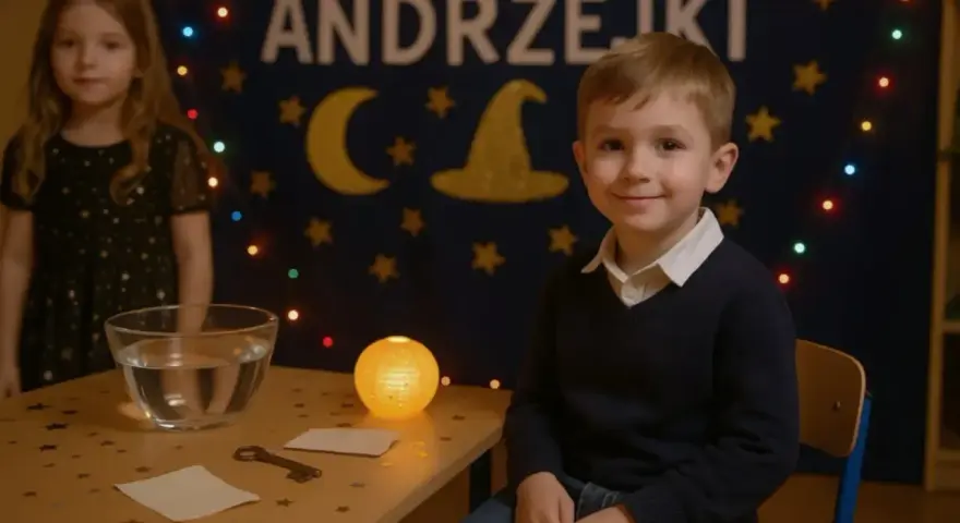 Chłopiec w sweterku i dziewczynka w sukience z gwiazdkami czekają na wróżby. Idealny strój na andrzejki to coś magicznego!