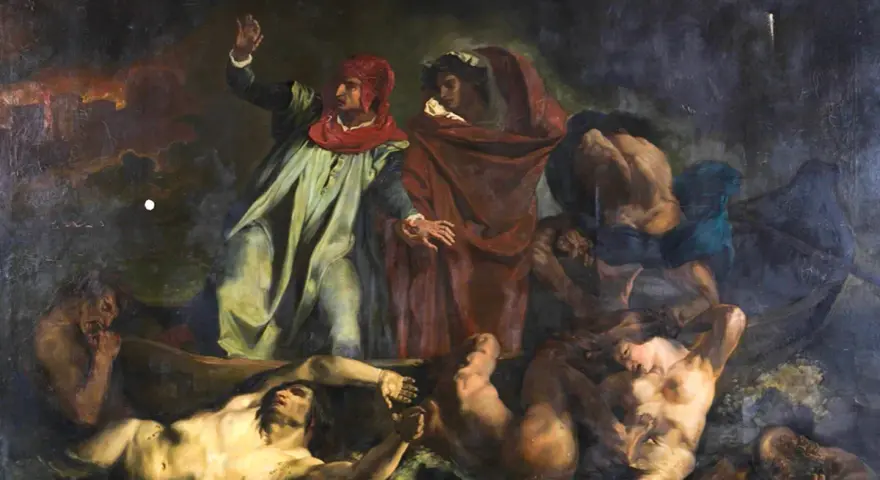 Dante och Vergilius i Charons båt, en scen från Den gudomliga komedin, skriven av Dante Alighieri.
