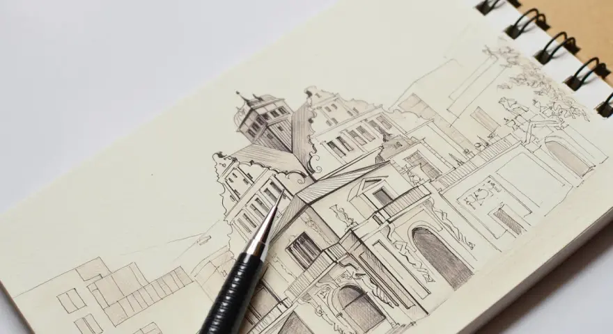 Szkice ołówkiem galeria: rysunek architektoniczny zabytkowych budynków z detalami i cieniowaniem, obok leży ołówek.