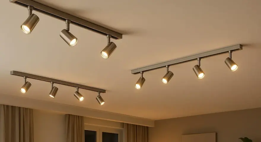 Sistemas de rieles con varios focos dirigibles, mostrando diferentes tipos de focos para techo, ideales para iluminar espacios.