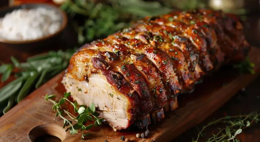 Un rôti de porc savoureux, tranché et garni d'herbes, prêt à être dégusté. Le temps de cuisson d'un rôti de porc est crucial pour sa tendreté.