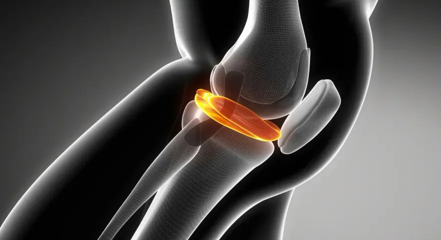 Anatomia kolana z widoczną uszkodzoną łąkotką, obraz rezonans.