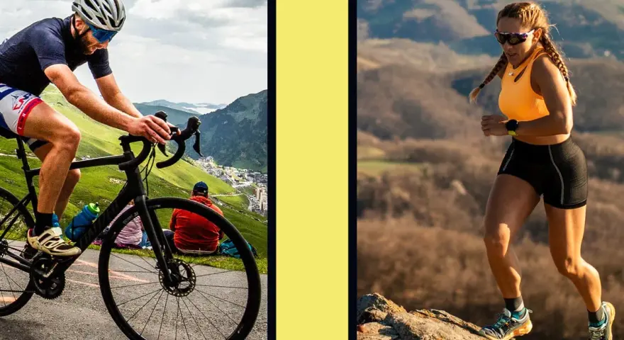 A cyclist's powerful legs power up a mountain road, contrasting with a runner's strong legs on a rocky trail.
