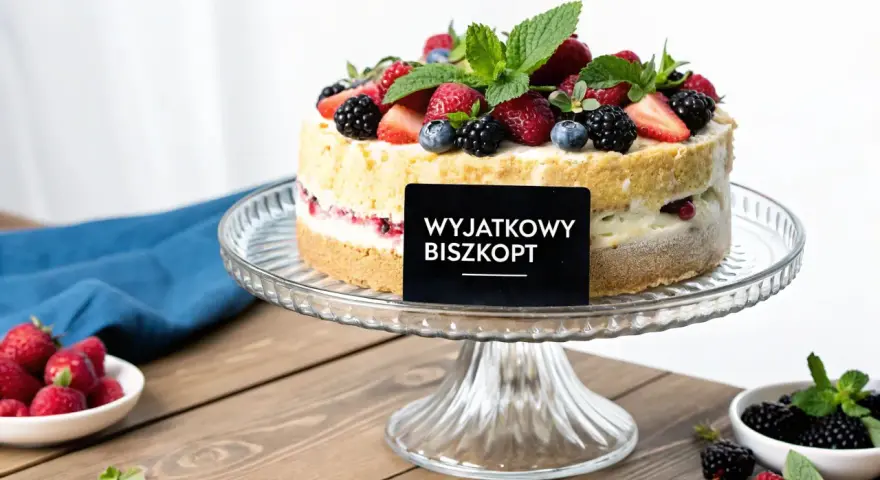 Wyjątkowy biszkopt z owocami leśnymi na paterze. Czy to tort bezowy czy tort biszkoptowy?