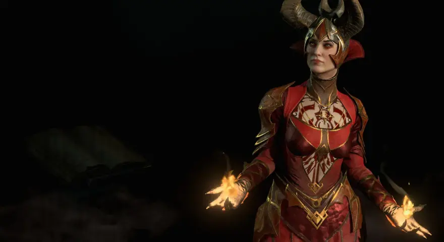 Hechicera con cuernos y armadura roja, lanzando fuego. Un libro antiguo flota cerca. build hechicero diablo 4.