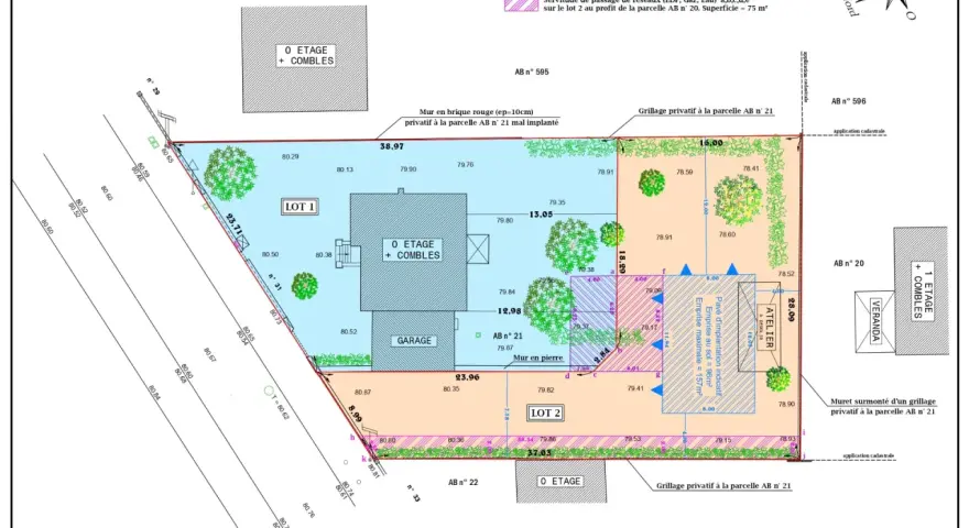 Plan de division parcellaire montrant la jurisprudence servitude de passage entre les lots 1 et 2, avec indications de dimensions et de constructions.