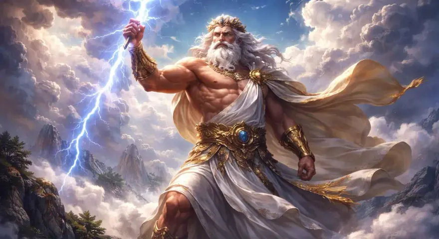 Zeus bóg gromowładny, z błyskawicą w dłoni, w chmurach nad górami.
