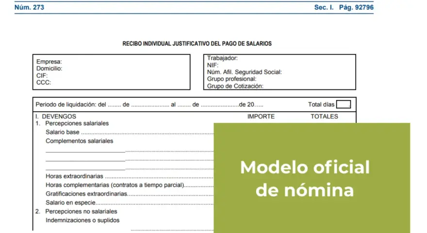Modelo oficial de nómina del BOE. Detalla devengos, percepciones salariales y no salariales, horas extraordinarias y complementos.
