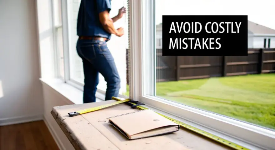 A person is shown learning how to measure a window, with a tape measure and notebook on the sill. "Avoid Costly Mistakes" is overlaid.