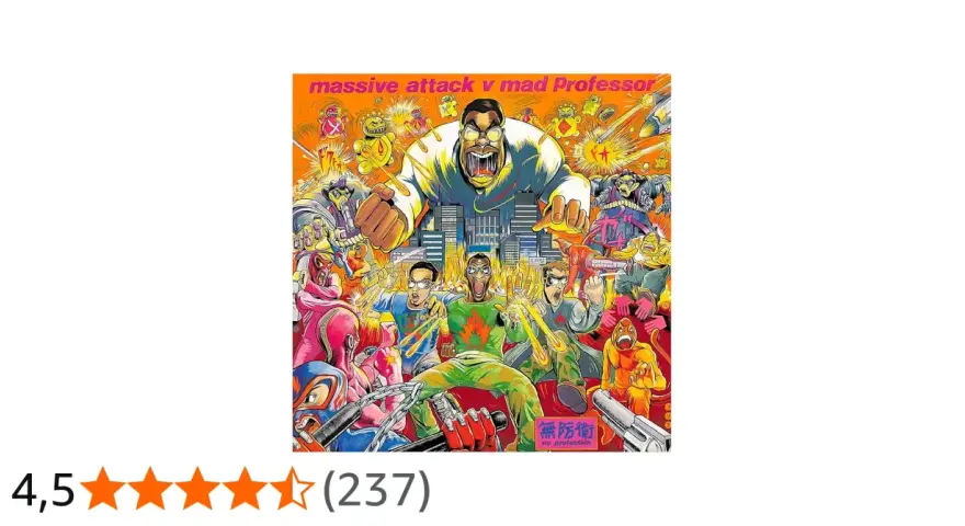 Pochette de l'album Massive Attack v Mad Professor, "No Protection", avec des personnages colorés et explosifs.