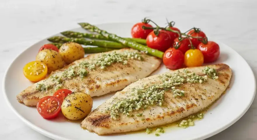 Dos filetes de merluza a la plancha con hierbas, acompañados de patatas pequeñas, tomates cherry y espárragos.