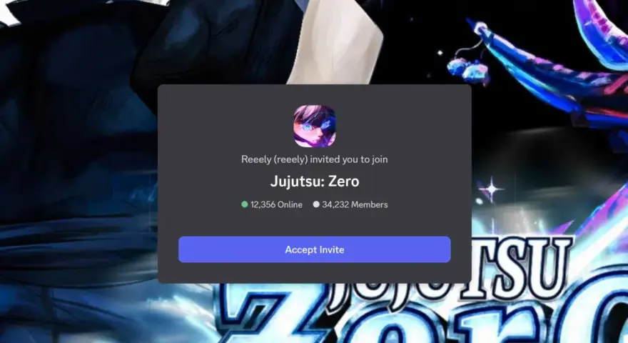 Invitación a "Jujutsu: Zero" en Discord, con 12,356 usuarios en línea y 34,232 miembros. ¡Únete a la comunidad de Jujutsu Kaisen!