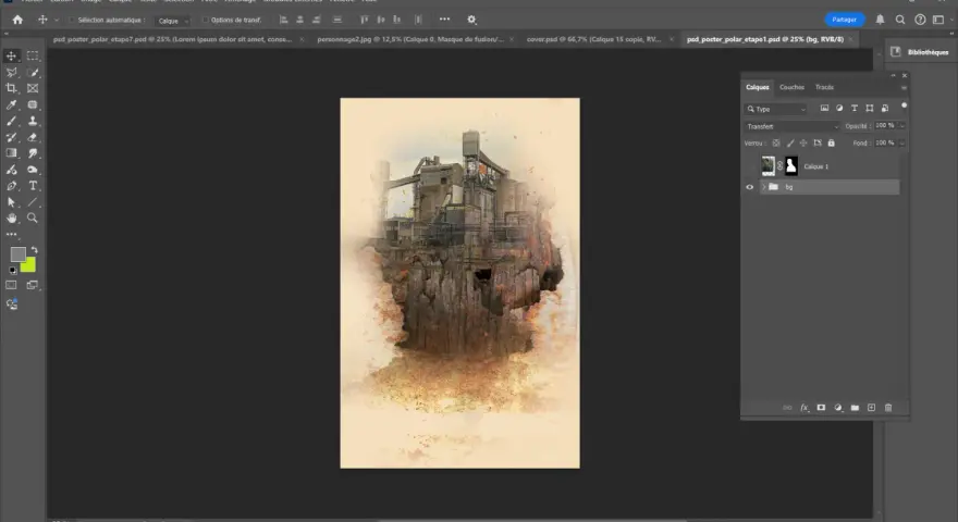Affiche film photoshop : usine sur falaise, style aquarelle, ambiance industrielle et mystérieuse.
