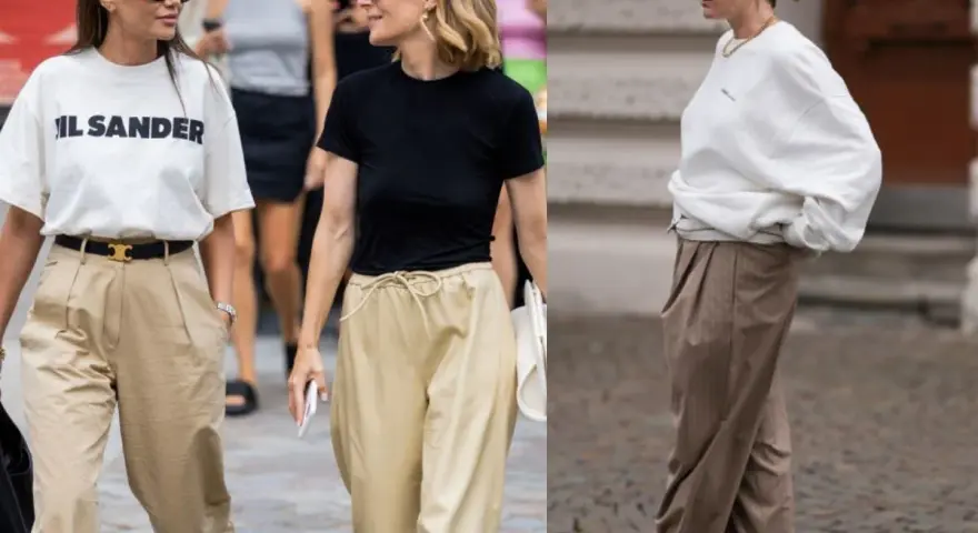 Beżowe spodnie stylizacje: luźne, eleganckie i sportowe. Trzy kobiety prezentują różne odsłony modnych, beżowych spodni.