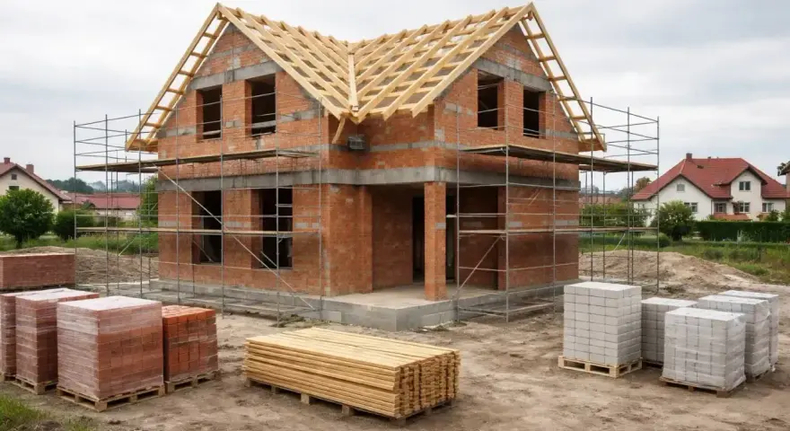 Budowa domu 120m2. Cegły, drewno i rusztowania czekają na dalsze prace. Zastanawiasz się, ile kosztują fundamenty pod dom 120m2?