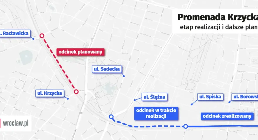 Mapa przedstawia etapy realizacji i plany Promenady Krzyckiej, z zaznaczonymi odcinkami planowanymi, w trakcie realizacji i zrealizowanymi.