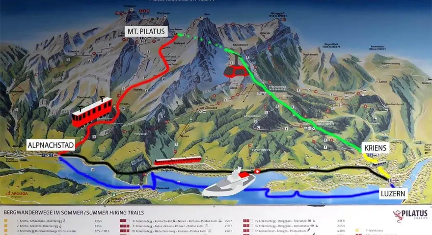 Map showing how to get to Mt. Pilatus from Lucerne. Routes include cogwheel train from Alpnachstad and cable car from Kriens.