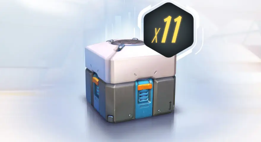 Futurystyczna skrzynka z nagrodami (loot box) z symbolem "x11" w tle.